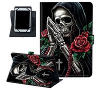 Universal Tablet Case 6-7 Inch, PU Leather 360° Rotating Folio Stand Cover, Multi-Angle Protective Case for 6"-7" Android Tablets，A Skeleton with Praying Hands