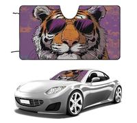 Universal Tiger Wearing Sunglasses Car Windshield Sun Shade Foldable 51"x28", Reflective Sunshade with Suction Cups, UV Blocking Front Window Cover for Truck SUV Sedan, Keeps Vehicle Interior Cool
