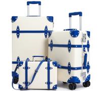 universal trotter Large Capacity Vintage Luggage Set With TSA Lock, Luxury Vintage Style Maletas De Viaje, for Men And Women Carry On Luggage Set, White/Blue, 26"+20"+12", Vintage Wide Aluminum Frame
