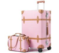 universal trotter Large Capacity Vintage Luggage Set With TSA Lock, Luxury Vintage Style Maletas De Viaje, for Men And Women Carry On Luggage Set, Pink/Brown, 26"+12", Vintage Wide Aluminum Frame