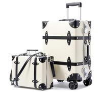 universal trotter Vintage PU Leather Trunk Style Suitcase Set with Wide Aluminum Frame, Water-Resistant, Smooth 360° Spinner Wheels, Ivory Signature, 20"+12", Vintage Wide Aluminum Frame Suitcase With