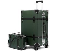 universal trotter Vintage PU Leather Trunk Style Suitcase Set with Wide Aluminum Frame, Water-Resistant, Smooth 360° Spinner Wheels, Heritage Olive, 26"+12", Vintage Wide Aluminum Frame Suitcase With