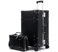 universal trotter Vintage PU Leather Trunk Style Suitcase Set with Wide Aluminum Frame, Water-Resistant, Smooth 360° Spinner Wheels, Signature Black, 26"+12", Vintage Wide Aluminum Frame Suitcase With