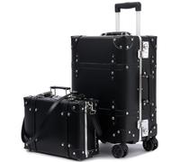 universal trotter Vintage PU Leather Trunk Style Suitcase Set with Wide Aluminum Frame, Water-Resistant, Smooth 360° Spinner Wheels, Signature Black, 20"+12", Vintage Wide Aluminum Frame Suitcase With