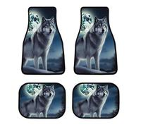Universal Wolf Under Moon Car Floor Mats Set of 4 All-Weather Heavy Duty Polyester Auto Carpets with Anti-Slip Nibbed Backing Waterproof Front & Rear Liners for Cars Suvs Trucks Vans