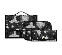 Universe, Crescent Moon and Sun with Moon Astrology Divination, Magic 3 PCs Set Toiletry bags, 1 Women's Travel Cosmetic Bag, 1 Hanging Toiletry Wash Bag, 1 Brush Case, Portable Makeup Storage Case