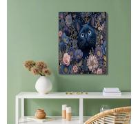 Universe Flowers Cat Canvas Paintings on the Wall Art Posters and Prints, Dream Pictures Living Room Office Modern Home Decoration, 12x16in Artistic Canvas Print, Navy Blue