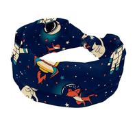 Universe Fox Cat Spacemen Headbands for Women Girls, Wide Headband, Knotted Cross Turban Head Band, Non Slip Hairband for Yoga Workout Running