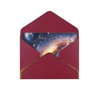 Universe Galaxy Outer Space Printed Pearl Paper Greeting Card, Dark Red - Folded Blank Cards with Gold Trim for Weddings, Birthdays, Christmas