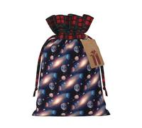 Universe Galaxy Outer Space Printing Color Matching Plaid Drawstring Christmas Bag With Kraft Tag 4.7x6.9 In For Halloween