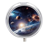 Universe Galaxy Pill Box 3 Compartment Travel Pill Organizer 3 Times A Day Cute Mini Pill Case for Purse & Pocket Portable Metal Medicine Box with Mirror Round Daily Medicine Vitamin Container