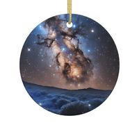 (Universe Galaxy Space) Round Ceramic Christmas Ornament Hanging Double-Sided Printed Xmas Tree Pendant for Holiday Party Home Decor
