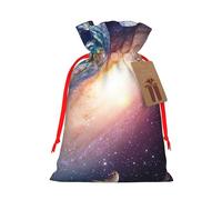 Universe Planet Printed Christmas Drawstring Bags with Red Ribbon - Reusable Burlap Drawstring Gift Pouches, S
