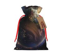Universe Planet Printed Christmas Drawstring Gift Bags-Xmas Wrapping Bags,Candy Bag,For Holiday Party Decorations,Wedding Party Supplies M Red Ribbon