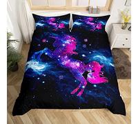 Universe Unicorn Bedding Set for Kids Boys Girls Outer Space Galaxy Comforter Cover Set Dreamy Horse Starry Sky Duvet Cover Bedroom Purple Blue Magical Animal Bedspread Cover Single Size 2Pcs