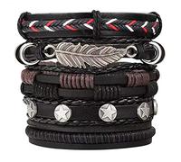 University Trendz Black Leather Wrap Bracelets for Men -5 Pieces