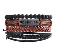 University Trendz Multistrand Wooden Beads Beleive Metal Plate Genuine Leather Rope Bracelet for Men/Women/Girls/Boys, Fashion Jewelry for Unisex (Set of 4)