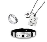 University Trendz Unisex BTS Suga Fan Combo - Kpop Suga Pendant Necklace with BTS multi Signature Bracelet & BTS Engraved Stainless Steel Ring (Pack of 3)