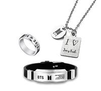 University Trendz Unisex Jung Kook Fan Combo - Kpop Jung Kook Pendant Necklace with multi Signature Bracelet & Engraved Stainless Steel Ring (Pack of 3)