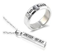 University Trendz Unisex Jung Kook Stainless Steel Ring & Bangtan Kpop Bar Pendant Necklace for Boys & Girls (Pack of 2)