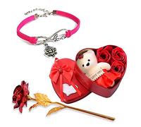 University Trendz Valentine Gift Combo - Pink Rose Leather Bracelet with Red Rose Flower Box and Soft Teddy Bear, Best Valentine Day Gift