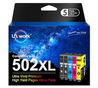 Uniwork 502XL Ink Replacement for Epson 502 XL Ink Cartridges, 5-Pack | Compatible with Workforce WF-2860 WF-2860DWF WF-2865 WF-2865DWF XP-5100 XP-5105 Printers, Black Cyan Magenta Yellow, 5-Pack