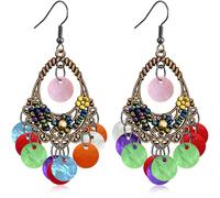 unixmoment Bohemian Retro Sequin Beaded Flower Dangle Drop Earrings Shell Round Disc Chandelier Earrings For Women, L, Bronze, No Gemstone