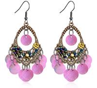 unixmoment Bohemian Retro Sequin Beaded Flower Dangle Drop Earrings Shell Round Disc Chandelier Earrings For Women, L, Bronze, No Gemstone