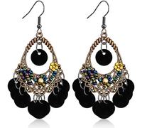 unixmoment Bohemian Retro Sequin Beaded Flower Dangle Drop Earrings Shell Round Disc Chandelier Earrings For Women, L, Bronze, No Gemstone