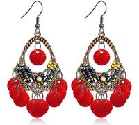 unixmoment Bohemian Retro Sequin Beaded Flower Dangle Drop Earrings Shell Round Disc Chandelier Earrings For Women, L, Bronze, No Gemstone