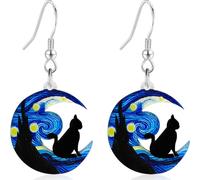 unixmoment Handmade Acrylic Double Sided Printing Starry sky Dangle Drop Earrings Lightweight Moon Cute Cat Oil Painting Hook Earrings For Women, L, Plastic, No Gemstone