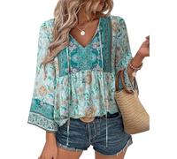 Unixseque Summer Boho Womens Tops Floral Print Dressy Casual V-Neck Tie Front Trendy Fall 3/4 Sleeve Blouses, Blue Green, XL