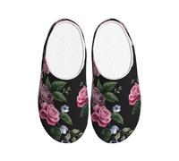 Unkhtt Black Blackgound Rose Print Adult Slippers Soft Anti-Pilling Flannel Indoor House Non-Slip Sole Home Travel