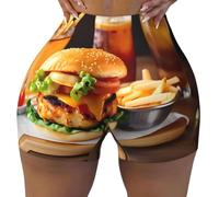 Unkhtt Chicken Leg Burger Drink Print Workout Gym Short Women Summer Comfortable Stretch Yoga Shorts Everyday Cacual Wear Black