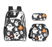 Unkhtt Cute White Ghost Halloween Pattern Print Unisex Transparent Backpack Set For School Travel Outdoor Clear Lunch Pen Bag