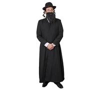 Unknown Adult Rabbi Costume - Black Duster Coat + Hat with Hair Curls + Fake Beard - XL