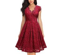 UNKUS Dress Women's Vintage Lace V-Neck Sleeveless Cocktail Swing Dress Wine Red