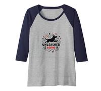 Unleashed & Loving It: Playful Dog Lover Raglan Baseball Tee, Women, Navy/Athletic Heather, M