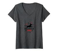 Unleashed & Loving It: Playful Dog Lover V-Neck T-Shirt, Women, Dark Heather Grey, M
