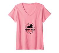 Unleashed & Loving It: Playful Dog Lover V-Neck T-Shirt, Women, Pink, M