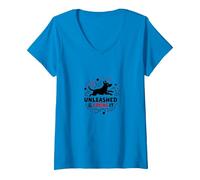 Unleashed & Loving It: Playful Dog Lover V-Neck T-Shirt, Women, Sapphire, M