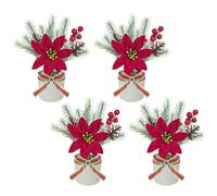 unlemoni 4 Pack Poinsettias Artificial Christmas Flowers, Tabletop Small Christmas Potted Flowers with Berries Pinecones Mini Christmas Tree for Tabble Centerpiece Home Office Garden Party Decor