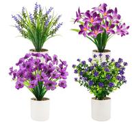 unlemoni 4 Packs Artificial Pot Flowers, Mini Purple Fake Potted Flowers Small Faux Plants Indoor for Home Office Bathroom Farmhouse Tabletop Spring Decor
