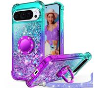 Unlicaku for Google Pixel 9 Pro XL Phone Case, with Ring Women Girls Bling Holographic Sparkle Glitter Cute Cover, TPU Soft Silicone Protective Phone Case for Pixel 9 Pro XL, Purple