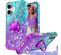 Unlicaku for iPhone 16 Case with Stand, Sparkle Glitter Case with Ring and Lanyard, Women Girls Luxury Cute Bling Diamond Protective Phone Cover for iPhone 16, Purple