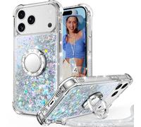 Unlicaku for iPhone 17 Pro Max Phone Case with Stand, Sparkle Glitter Case with Ring and Lanyard, Women Girls Luxury Cute Bling Diamond Protective Phone Cover for iPhone 17 Pro Max, Clear Silver