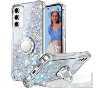 Unlicaku for Samsung Galaxy A35 Phone Case with Stand, Sparkle Glitter Case with Ring and Lanyard, Women Girls Luxury Cute Bling Diamond Protective Phone Cover for Samsung A35, Clear Silver