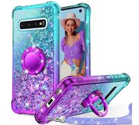 Unlicaku for Samsung Galaxy S10 Case, with Ring Women Girls Bling Holographic Sparkle Glitter Cute Cover, Diamond Ring Protective Phone Case for Samsung S10, Purple