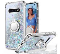 Unlicaku for Samsung Galaxy S10 Case, with Ring Women Girls Bling Holographic Sparkle Glitter Cute Cover, Diamond Ring Protective Phone Case for Samsung S10, Clear Silver