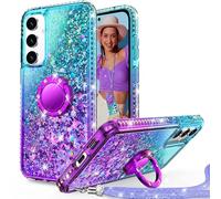 Unlicaku for Samsung Galaxy S23 FE Case, with Ring Women Girls Bling Holographic Sparkle Glitter Cute Cover, Diamond Ring Protective Phone Case for Samsung S23 FE, Purple